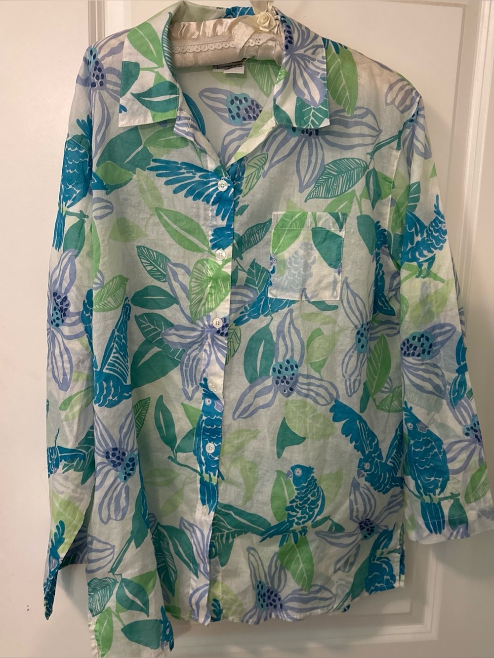Lilly Pulitzer Womens Large Blue Tropical Cotton Long Sleeve Button Up-Semisheer